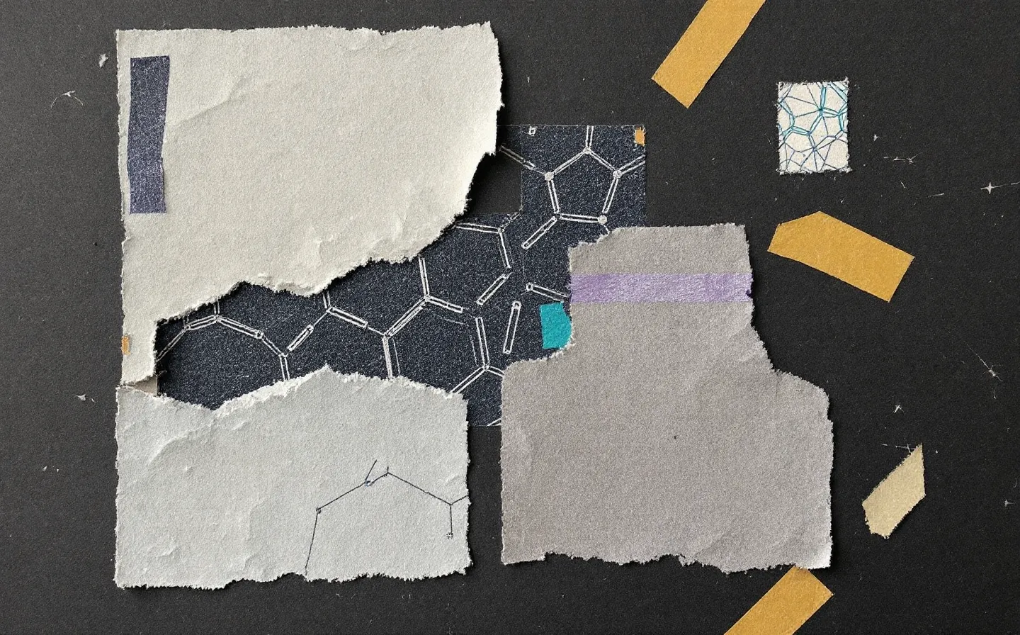 A cut-and-paste collage of an abstract nine-bead peptide-chain scrap with a small teal zinc node, taped and stapled to a deep slate board